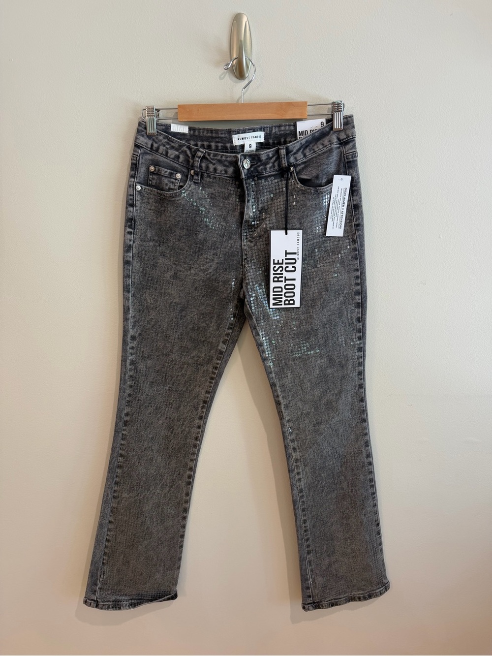 Mid Rise Boot Cut Women's Jeans in Sparkle Distressed Gray